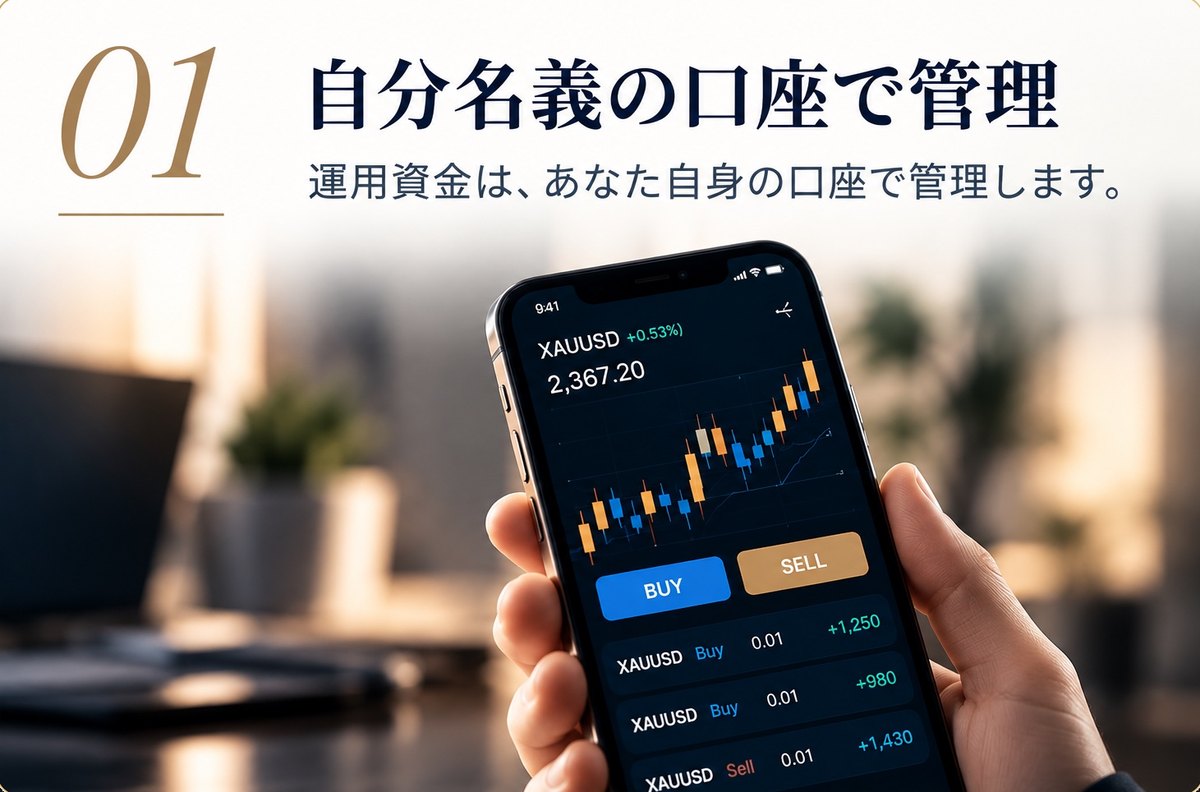 01 自分名義の口座で管理:運用資金は、あなた自身の口座で管理します。