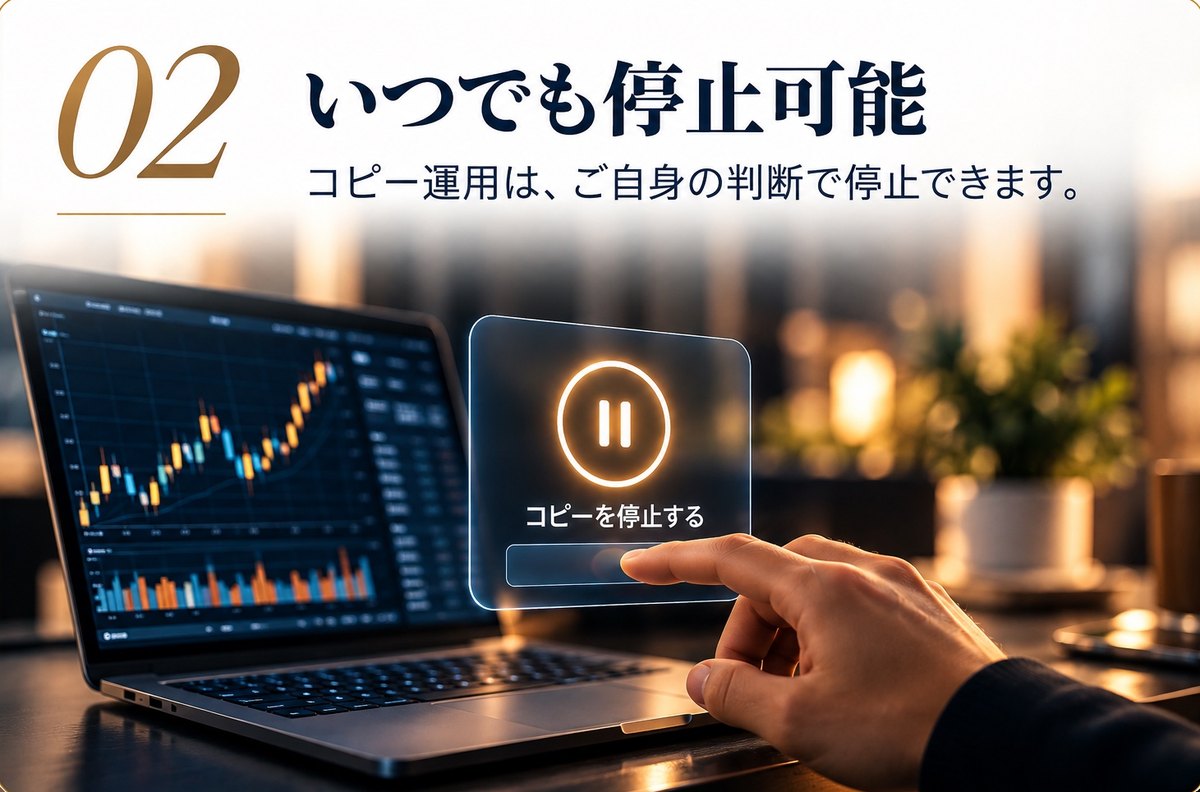 02 いつでも停止可能:コピー運用は、ご自身の判断で停止できます。