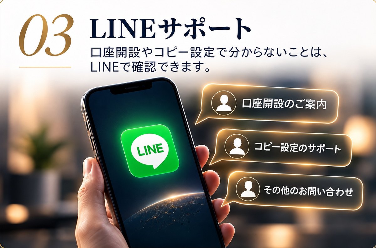 03 LINEサポート:口座開設やコピー設定で分からないことは、LINEで確認できます。口座開設のご案内・コピー設定のサポート・その他のお問い合わせ